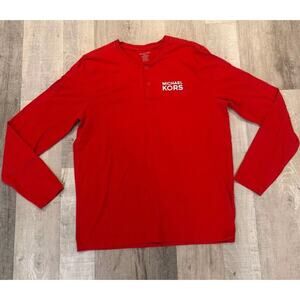 Michael Kors T Shirt Mens Medium Red Solid Cotton Regular Fit Long Sleeve Henley
